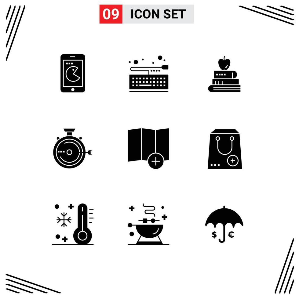 Solid Glyph Pack of 9 Universal Symbols of location release book optimization launch Editable Vector Design Elements
