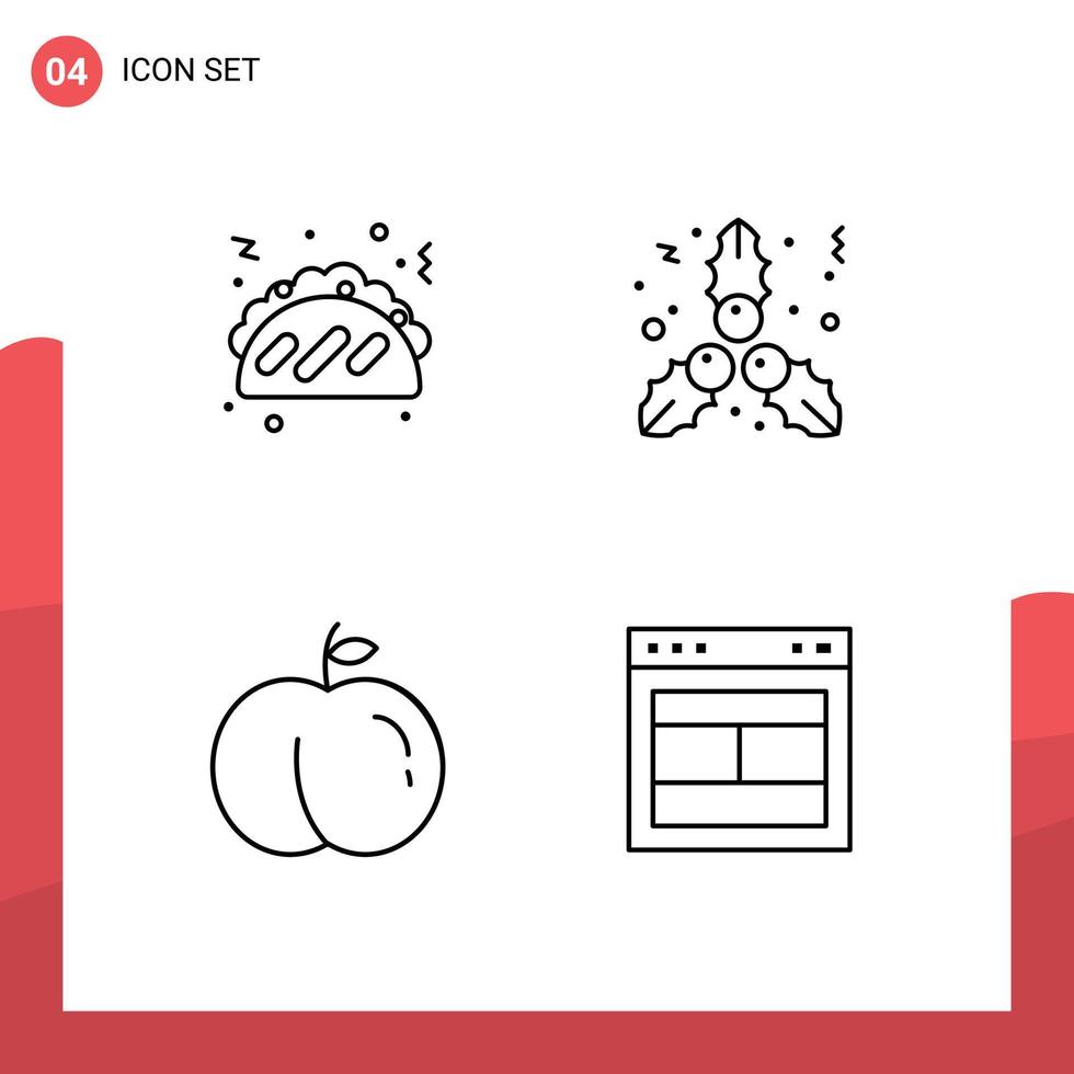 conjunto de 4 colores planos de línea de llenado vectorial en cuadrícula para diseño de tacos elementos de diseño vectorial editables web de frutas navideñas vector