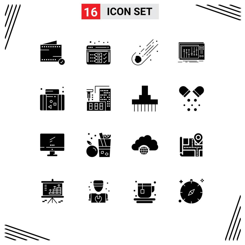 User Interface Pack of 16 Basic Solid Glyphs of studio mixer asteroid dj comet Editable Vector Design Elements