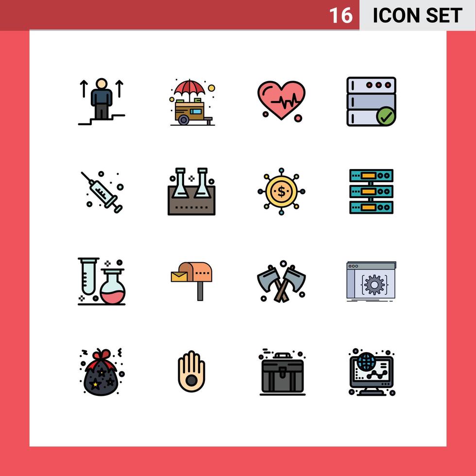 Flat Color Filled Line Pack of 16 Universal Symbols of medical server street database science Editable Creative Vector Design Elements