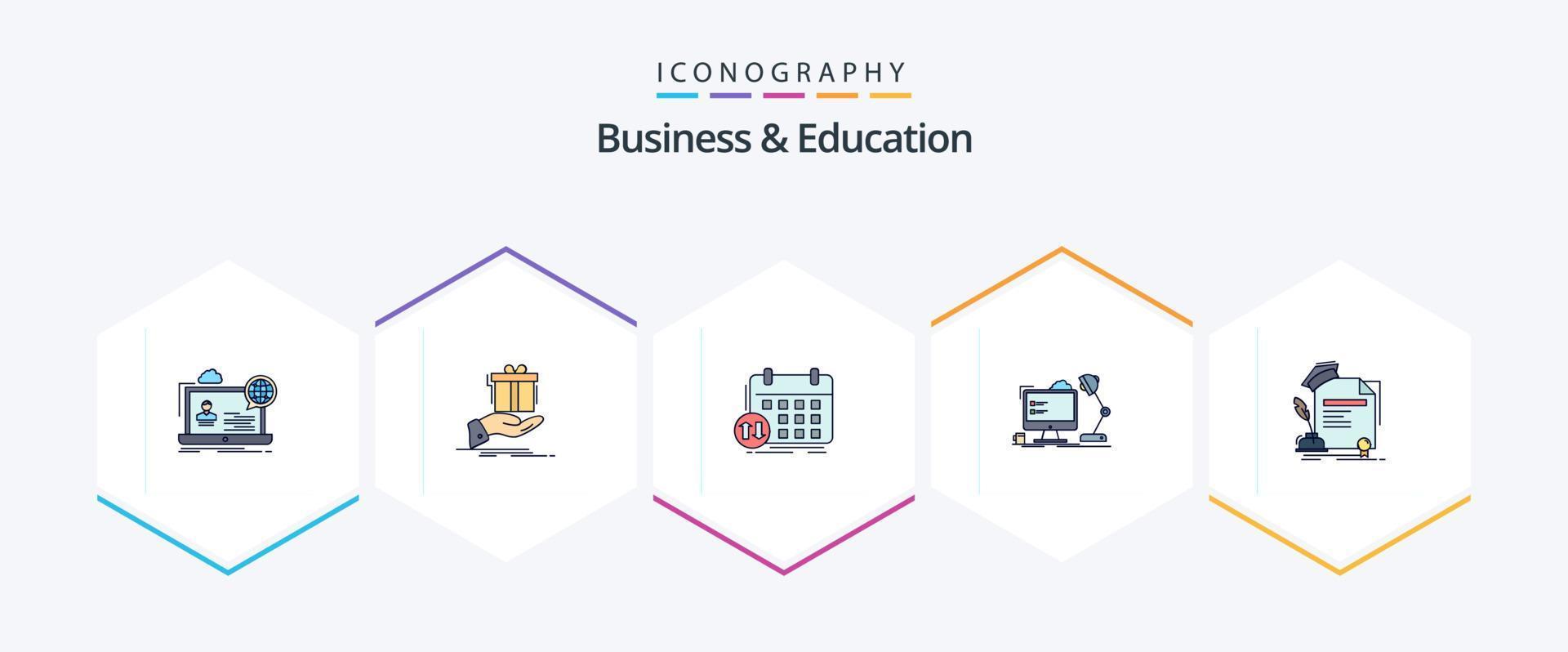 Business And Education 25 FilledLine icon pack including workstation. event. solution. appointment. classes vector