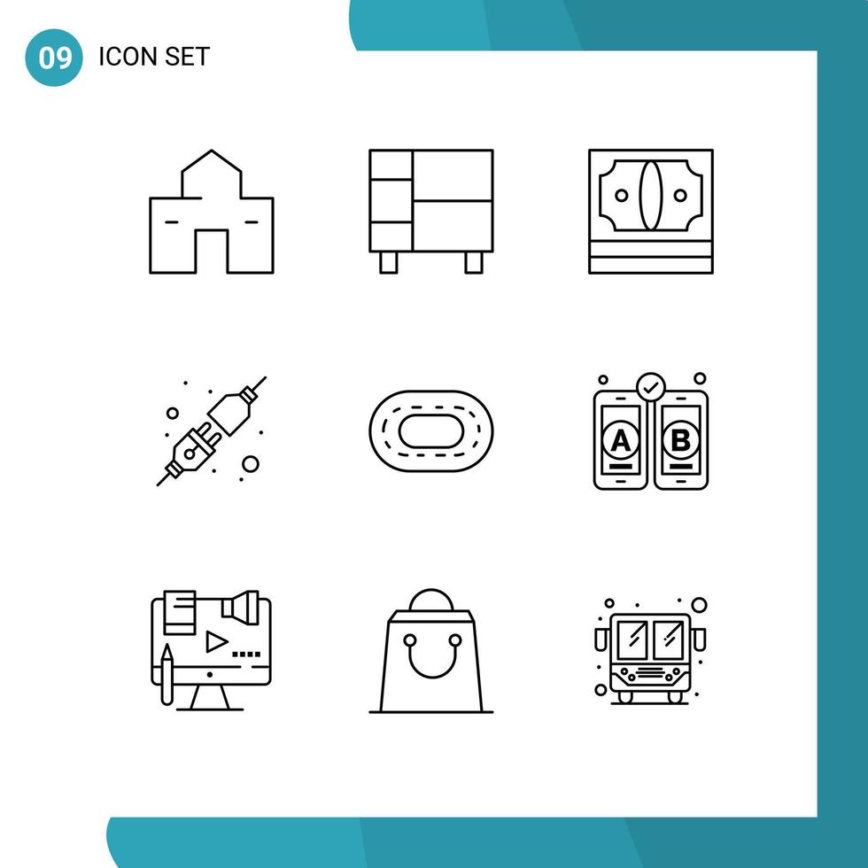 Modern Set of 9 Outlines Pictograph of socket connect house stack finance Editable Vector Design Elements