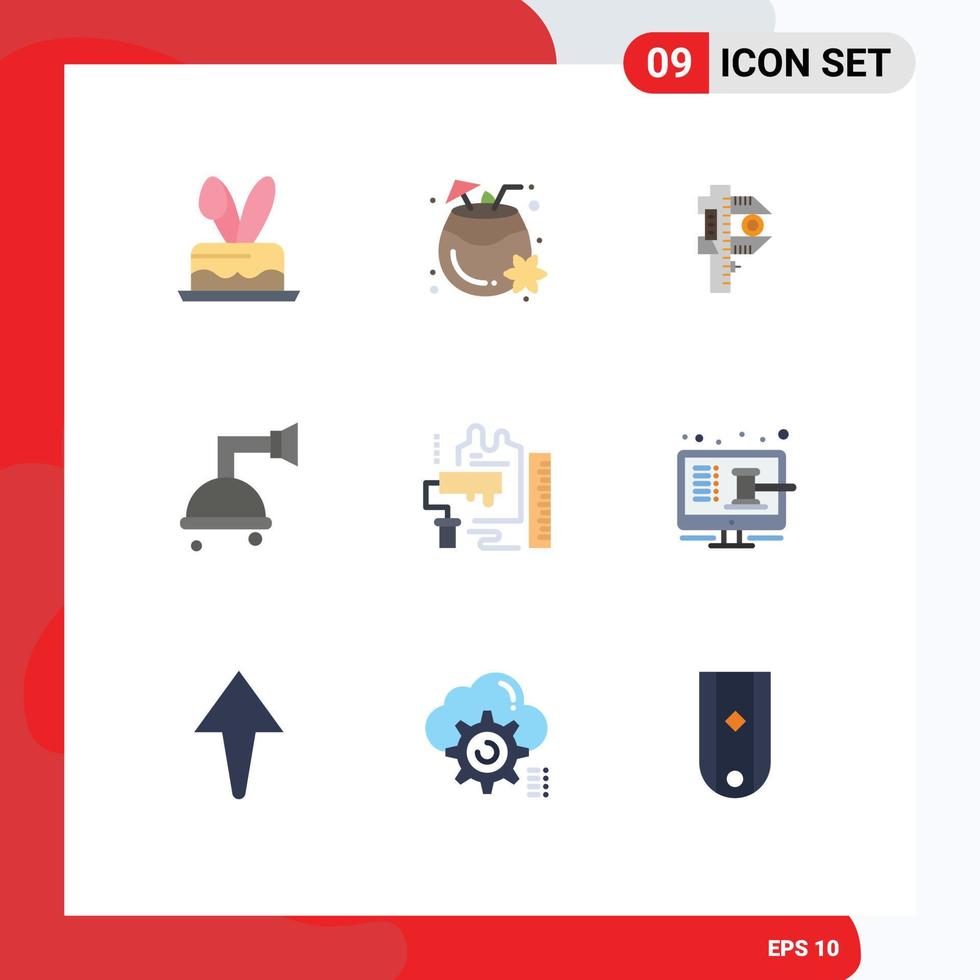 Modern Set of 9 Flat Colors Pictograph of paint shower measuring clean tiny Editable Vector Design Elements
