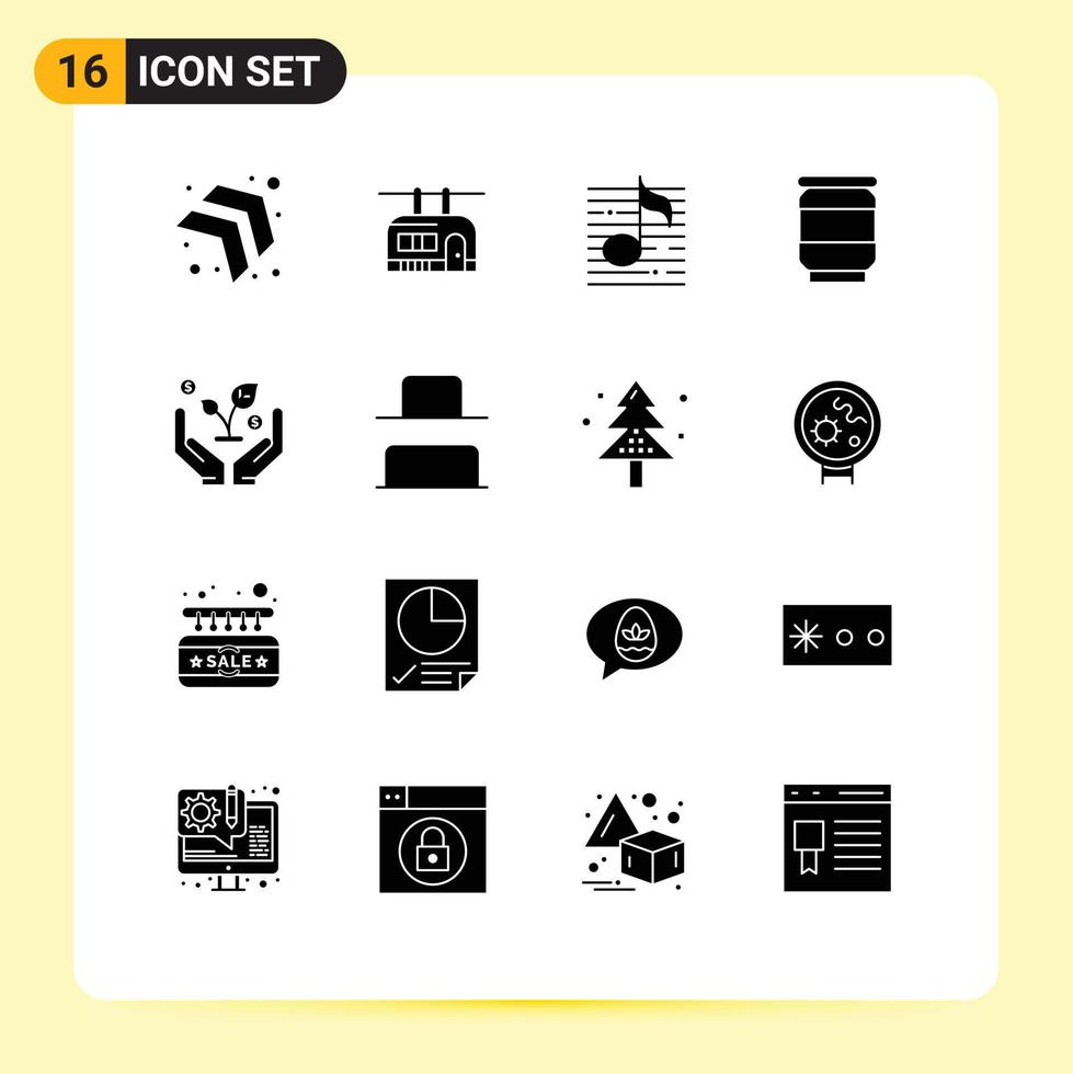 Mobile Interface Solid Glyph Set of 16 Pictograms of investment finance music soda beer Editable Vector Design Elements