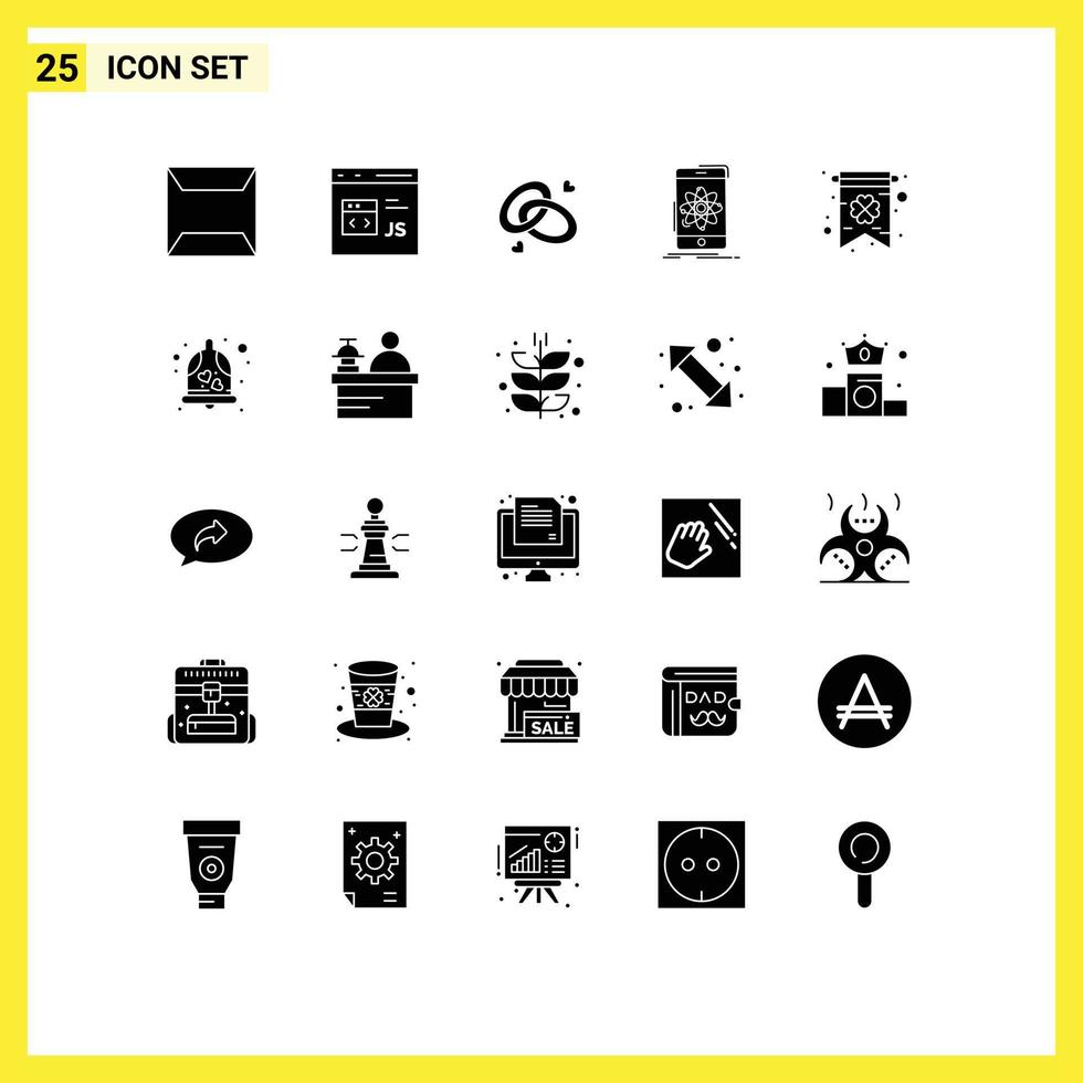 Set of 25 Commercial Solid Glyphs pack for science mobile ring information love Editable Vector Design Elements