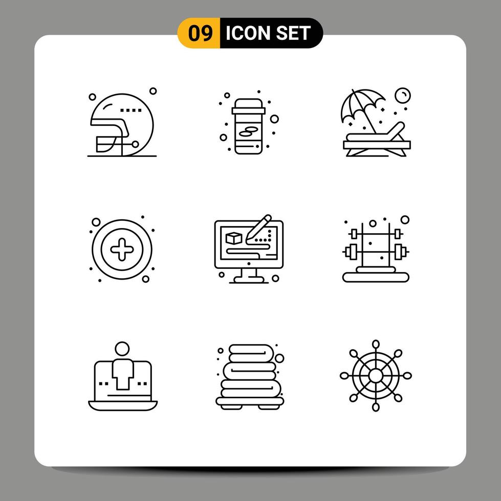 Mobile Interface Outline Set of 9 Pictograms of process user beach plus sunbathe Editable Vector Design Elements