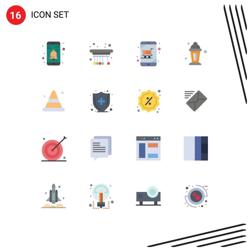 conjunto de pictogramas de 16 colores planos simples de cono lámpara de carro de ramadán paquete editable abrahámico de elementos creativos de diseño de vectores