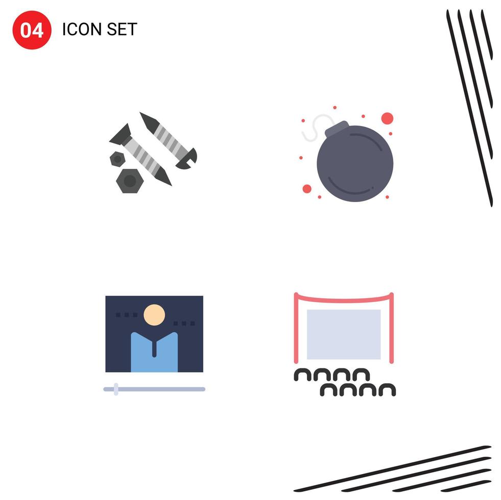 Group of 4 Modern Flat Icons Set for screws display tool bomb media player Editable Vector Design Elements