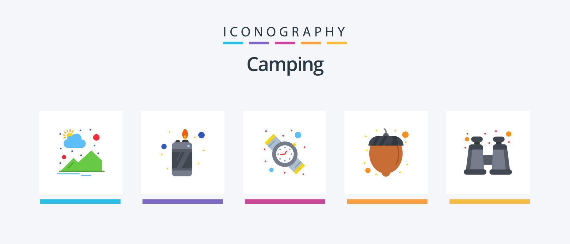 Camping Flat 5 Icon Pack Including . spyglass. time. explore. nut. Creative Icons Design vector