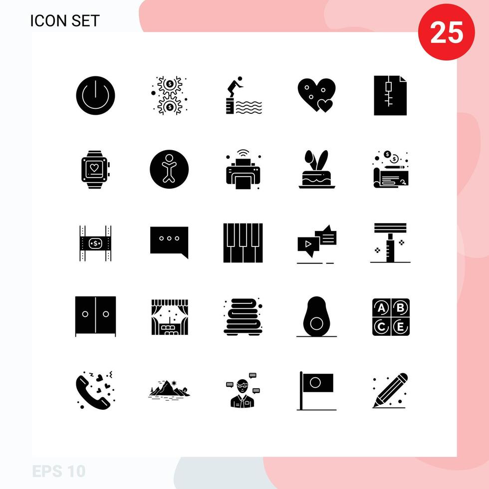 Group of 25 Solid Glyphs Signs and Symbols for gift love cog heart pool Editable Vector Design Elements