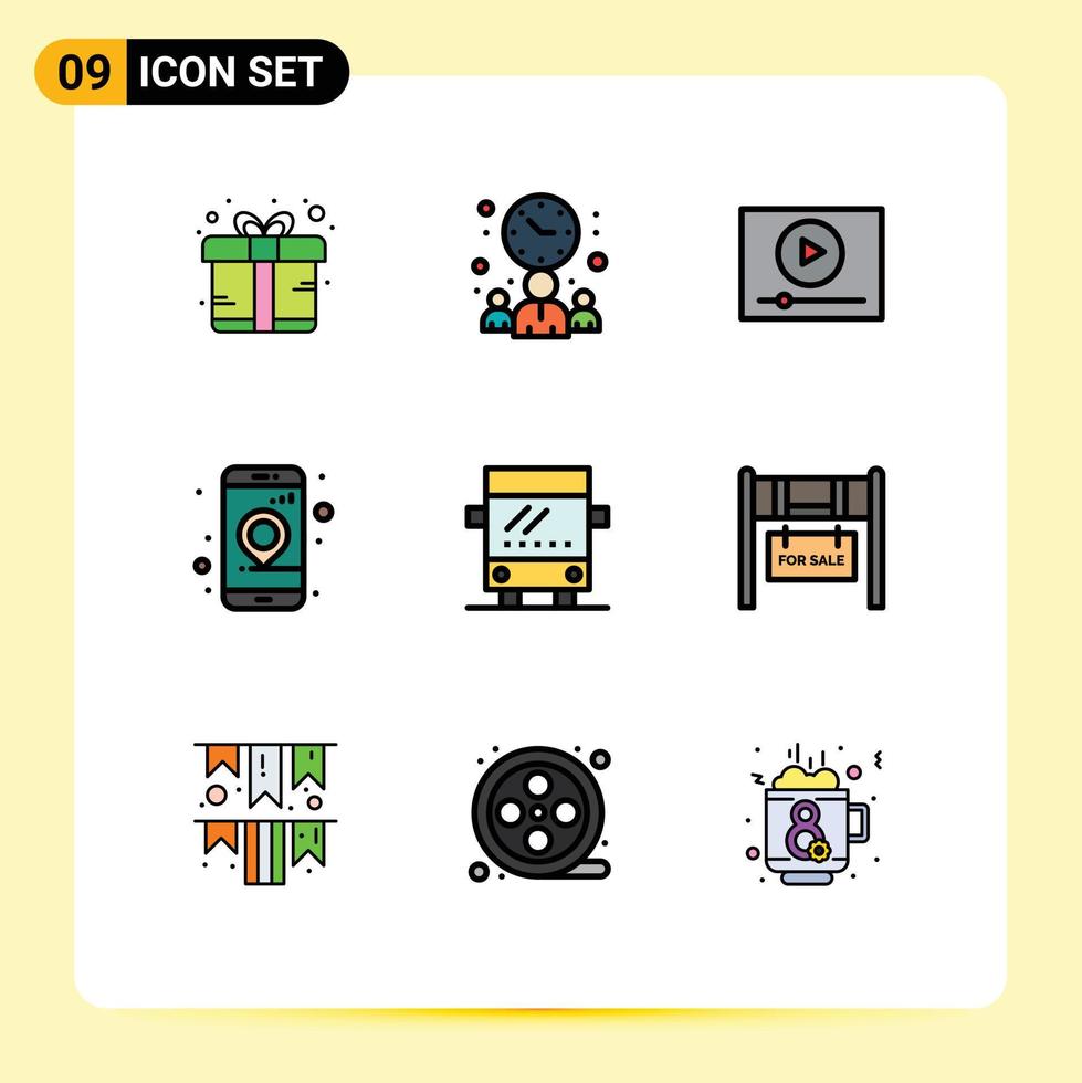 Group of 9 Filledline Flat Colors Signs and Symbols for regular navigation video location app Editable Vector Design Elements