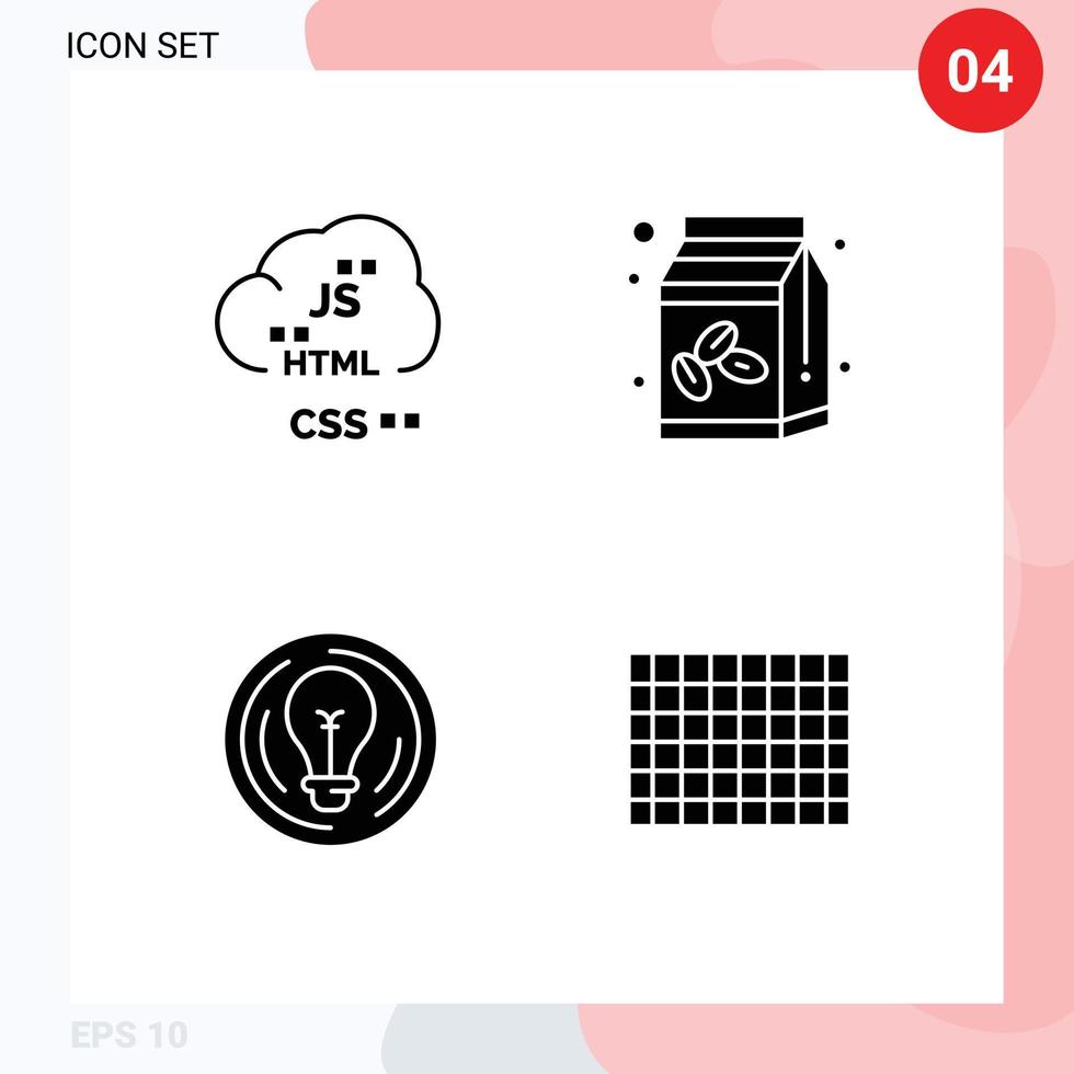 Pack of 4 Modern Solid Glyphs Signs and Symbols for Web Print Media such as cloud bulb develop coffee box circle Editable Vector Design Elements
