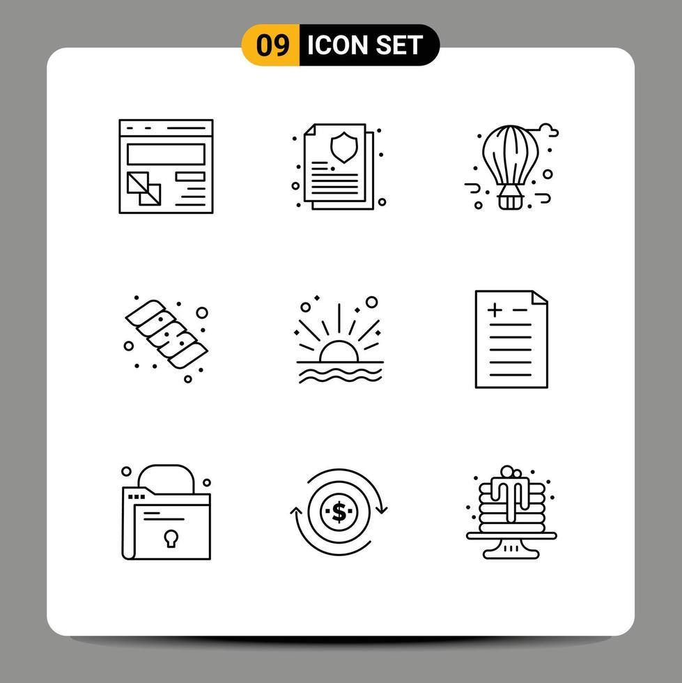 Pictogram Set of 9 Simple Outlines of sunrise ocean air balloon marshmallow camping Editable Vector Design Elements