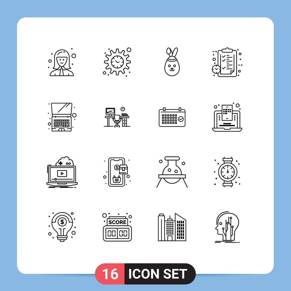 Modern Set of 16 Outlines Pictograph of laptop watch robbit page clock Editable Vector Design Elements