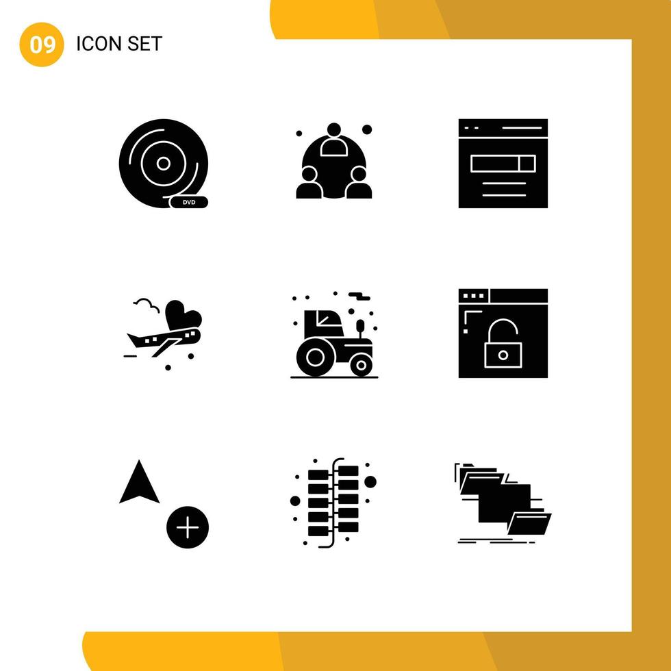 Pack of 9 creative Solid Glyphs of airport airplane network fly search Editable Vector Design Elements