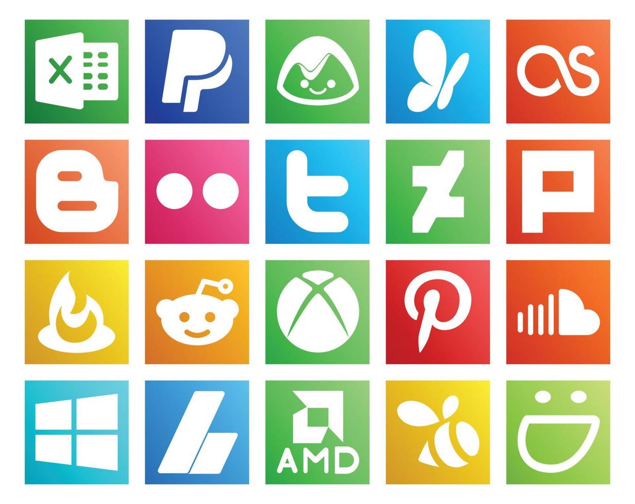 Paquete de 20 íconos de redes sociales que incluye música soundcloud tweet pinterest reddit vector