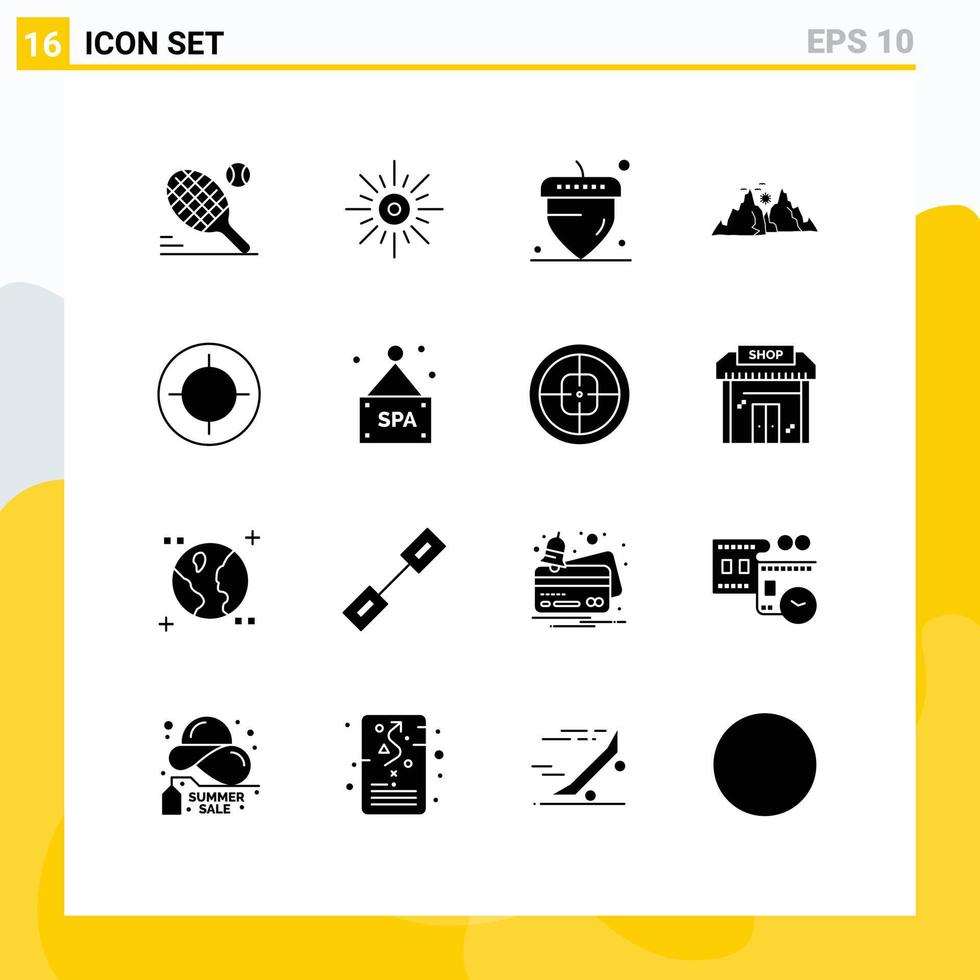 User Interface Pack of 16 Basic Solid Glyphs of crosshair nature weather hill mountain Editable Vector Design Elements
