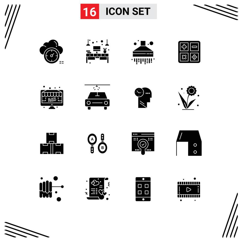 Pack of 16 creative Solid Glyphs of discount formula light education back to school Editable Vector Design Elements