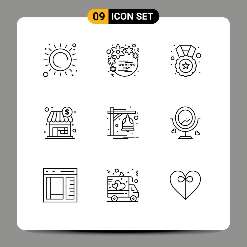 Pack of 9 Modern Outlines Signs and Symbols for Web Print Media such as alarm store women shopping badge Editable Vector Design Elements