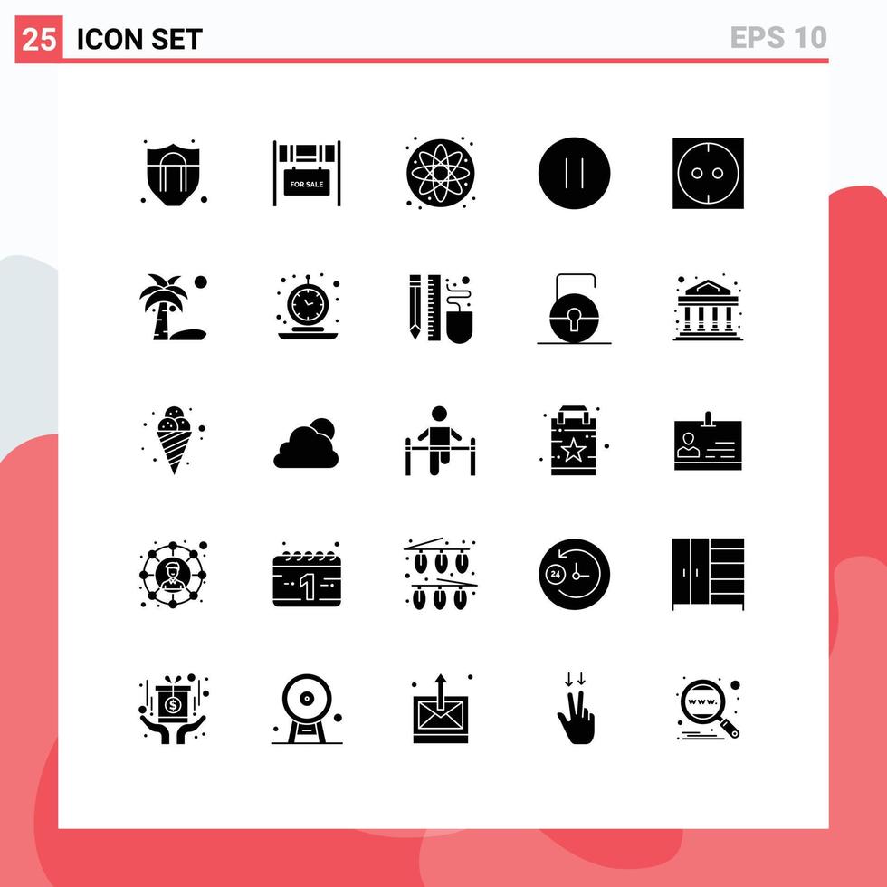 Pack of 25 creative Solid Glyphs of coconut socket laboratory electric pause Editable Vector Design Elements