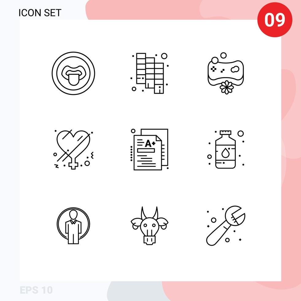 Pack of 9 Modern Outlines Signs and Symbols for Web Print Media such as grade test face romance gender Editable Vector Design Elements