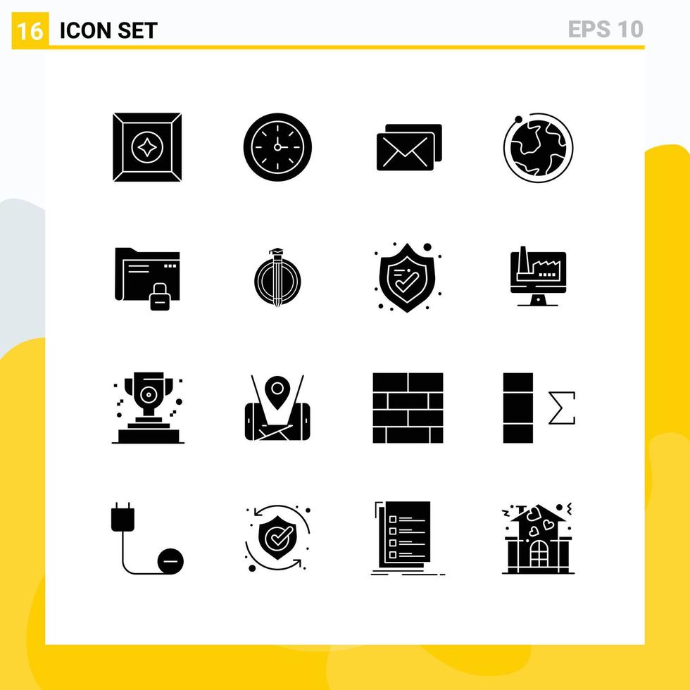 Universal Icon Symbols Group of 16 Modern Solid Glyphs of secure password message folder hotel Editable Vector Design Elements