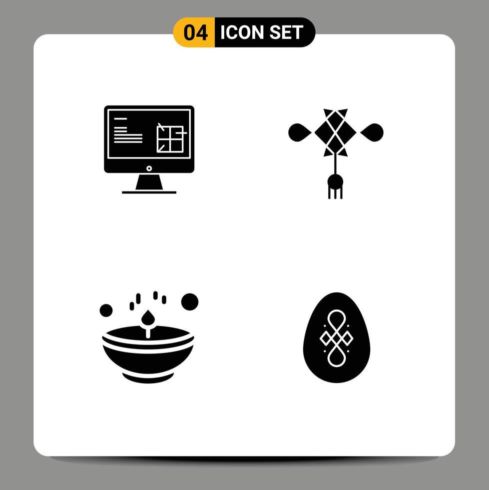 Modern Set of 4 Solid Glyphs Pictograph of computer bright lcd china glow Editable Vector Design Elements