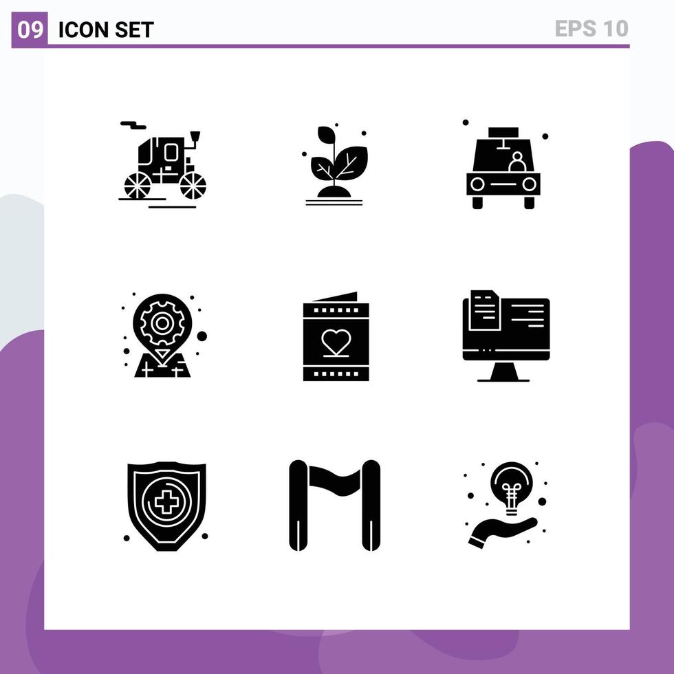 Universal Icon Symbols Group of 9 Modern Solid Glyphs of love options gps location gear Editable Vector Design Elements