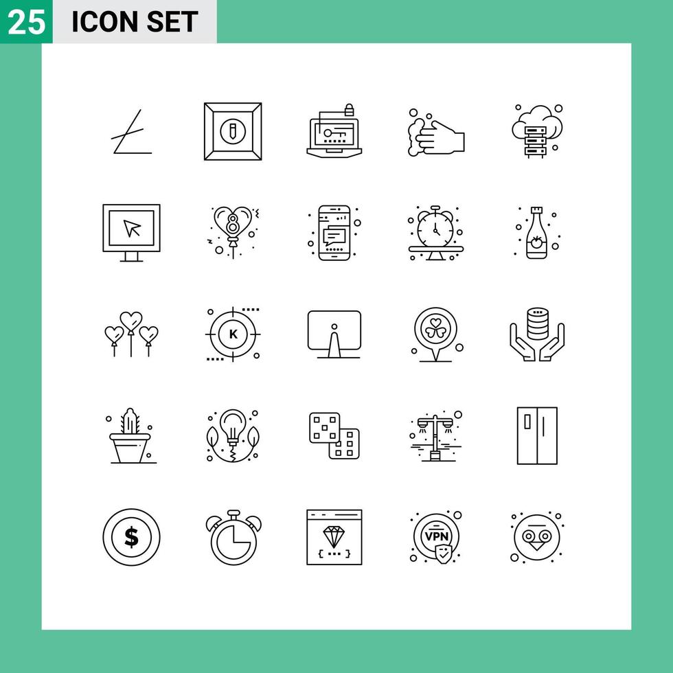 25 líneas universales configuradas para aplicaciones web y móviles, almacenamiento de hardware en la nube, lavado a mano, elementos de diseño vectorial editables vector