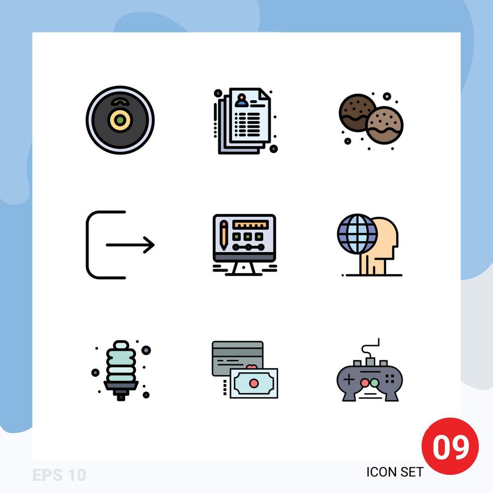 grupo de símbolos de icono universal de 9 colores planos de línea de relleno modernos de diseño monitor postre interfaz de usuario cierre de sesión elementos de diseño vectorial editables vector