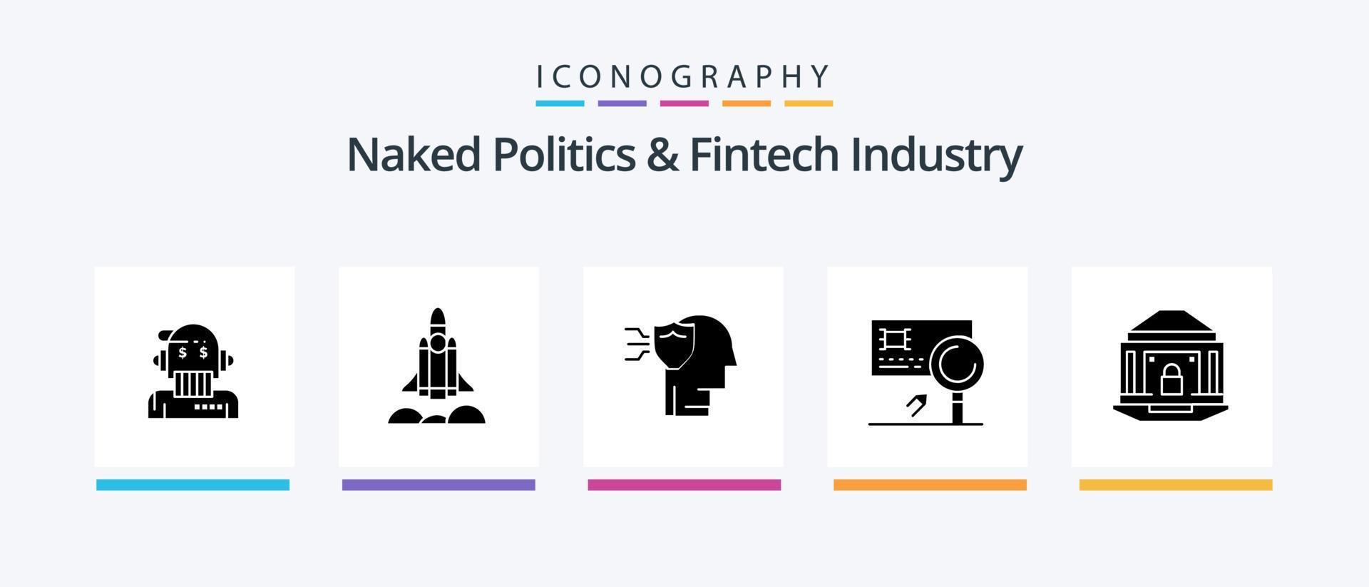 política desnuda y paquete de iconos de glifo 5 de la industria fintech que incluye fraude. tarjeta. puesta en marcha. bancario. blindaje. diseño de iconos creativos vector