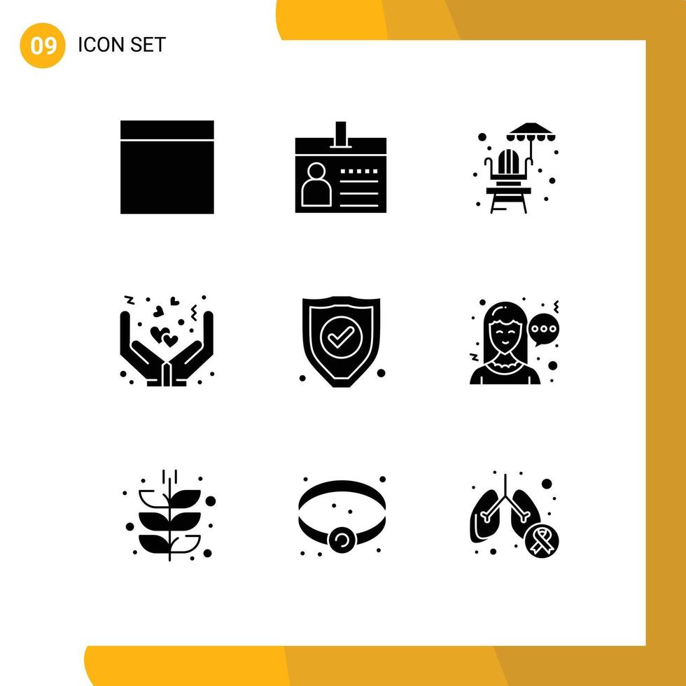 Group of 9 Modern Solid Glyphs Set for chat protection water insurance hands Editable Vector Design Elements