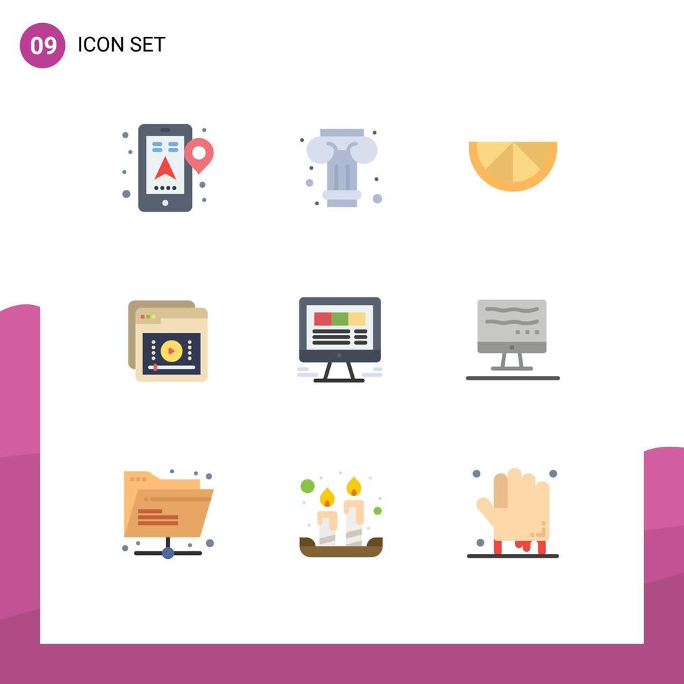 Pack of 9 Modern Flat Colors Signs and Symbols for Web Print Media such as website browser fruit online education Editable Vector Design Elements