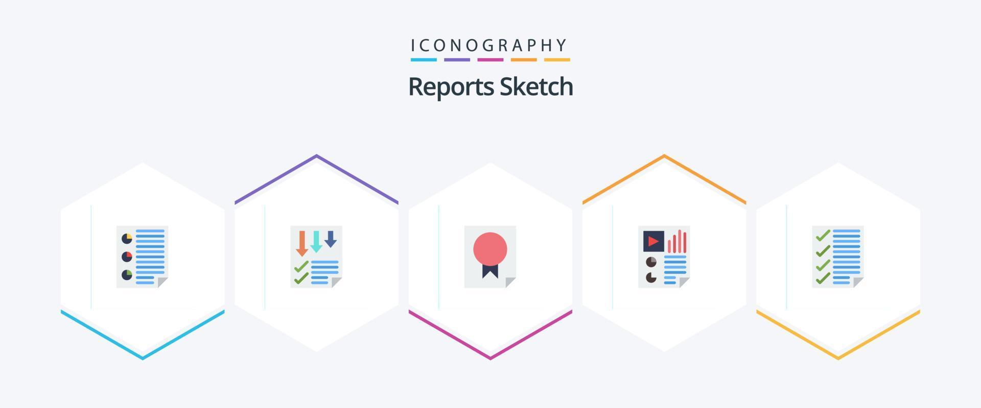 Informes Sketch 25 paquete de iconos planos que incluye página. datos. papel. informe. página vector