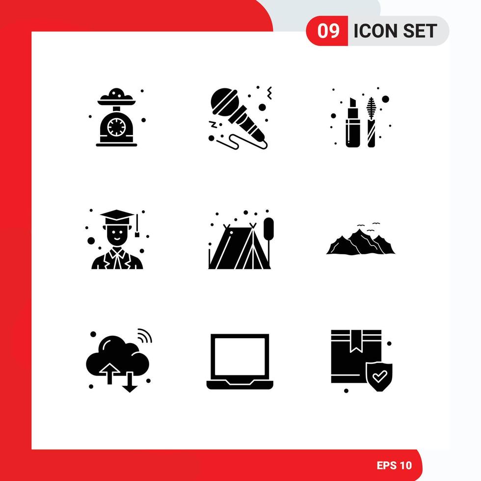 Group of 9 Solid Glyphs Signs and Symbols for camping graduate music avatar liner Editable Vector Design Elements