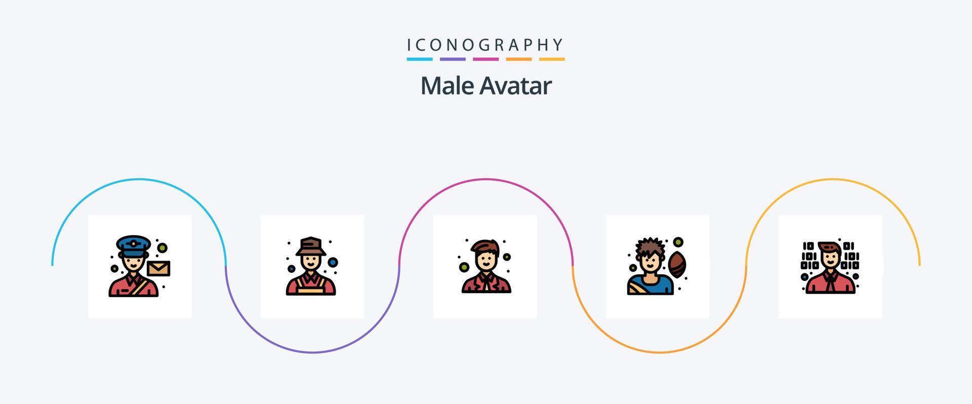 Male Avatar Line Filled Flat 5 Icon Pack Including programmer. game. detect. soccer p. worker vector