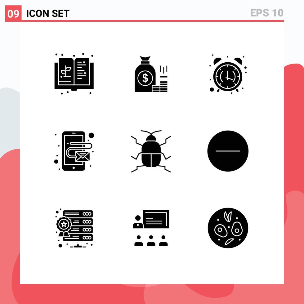 Mobile Interface Solid Glyph Set of 9 Pictograms of address morning finance clock alarm Editable Vector Design Elements