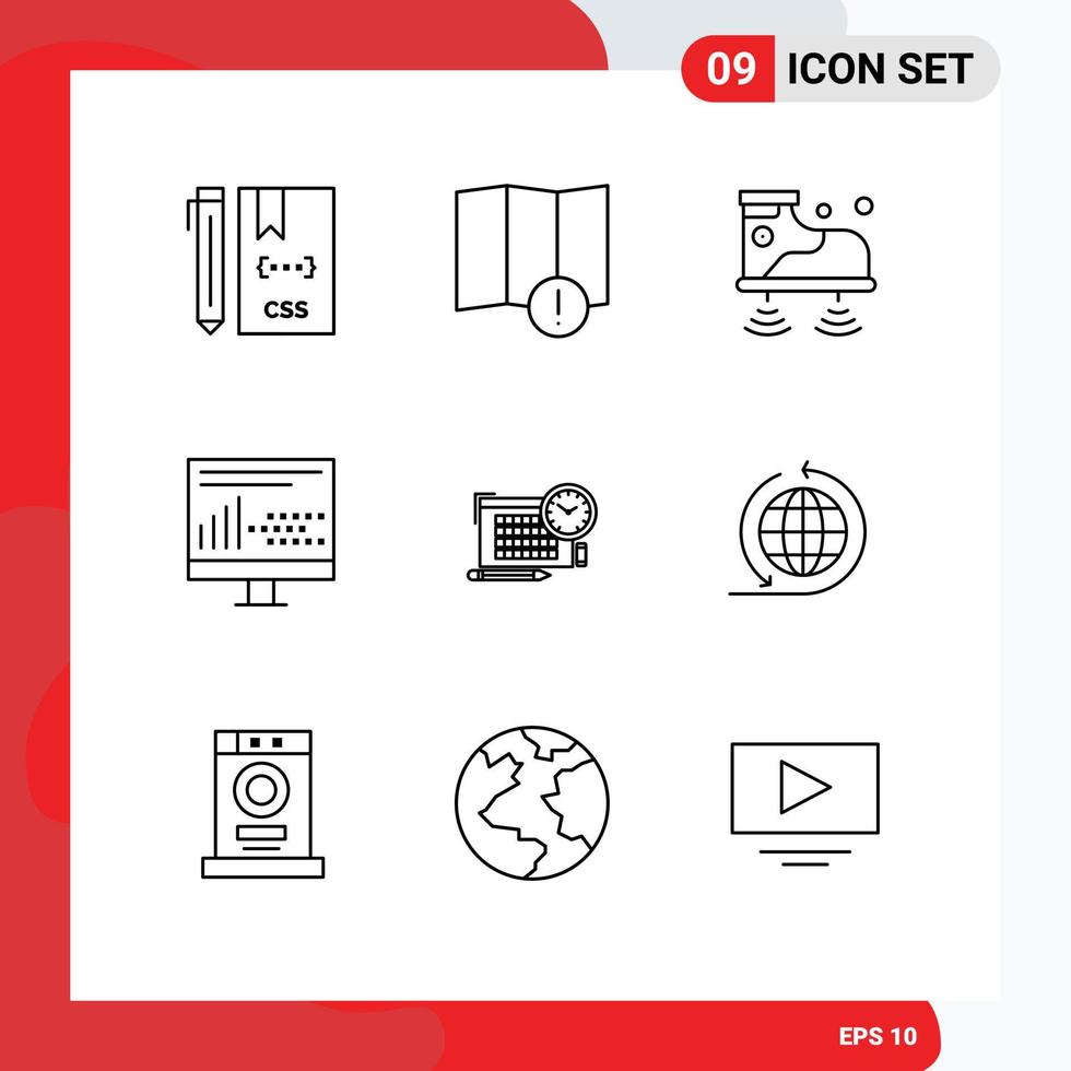 Universal Icon Symbols Group of 9 Modern Outlines of time programing shoes development coding Editable Vector Design Elements