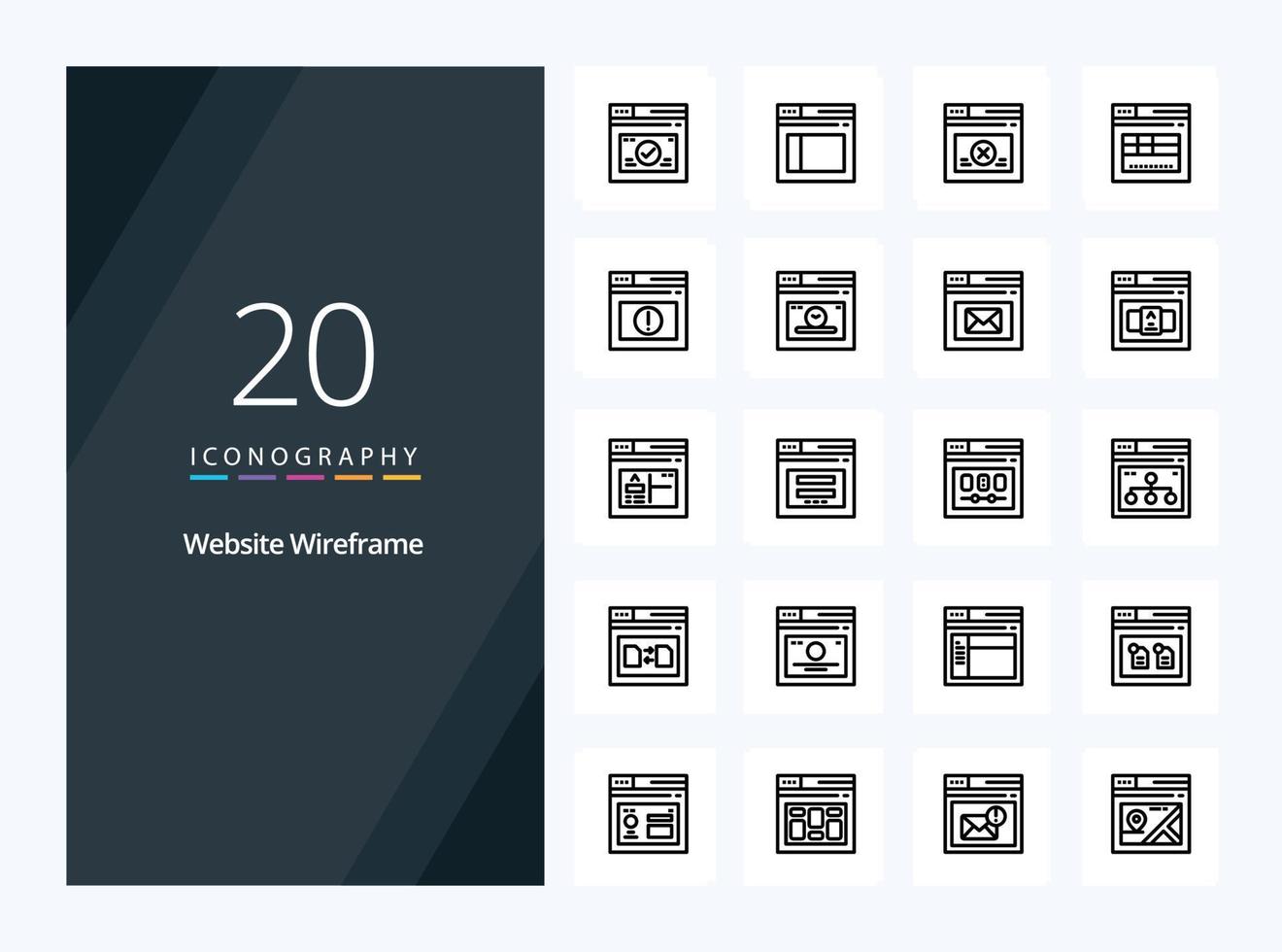 20 Website Wireframe Outline icon for presentation vector