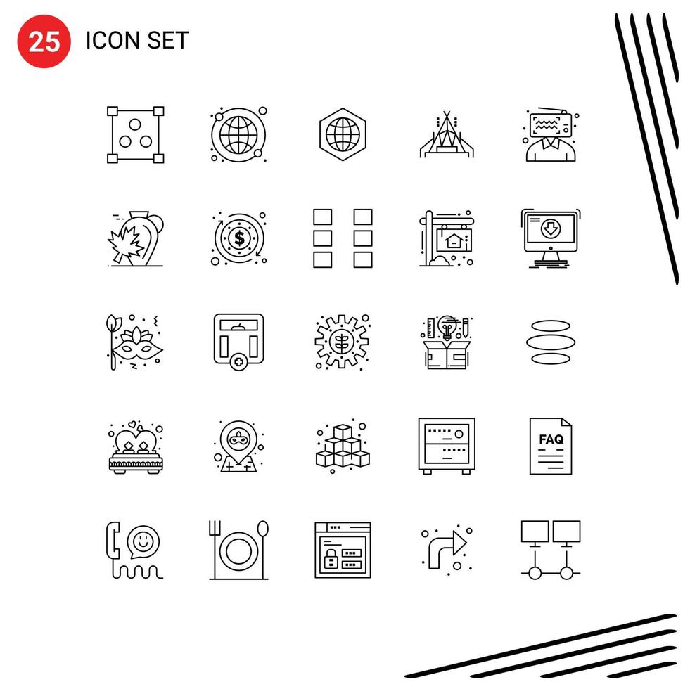 User Interface Pack of 25 Basic Lines of influencer blogging global blogger tent Editable Vector Design Elements