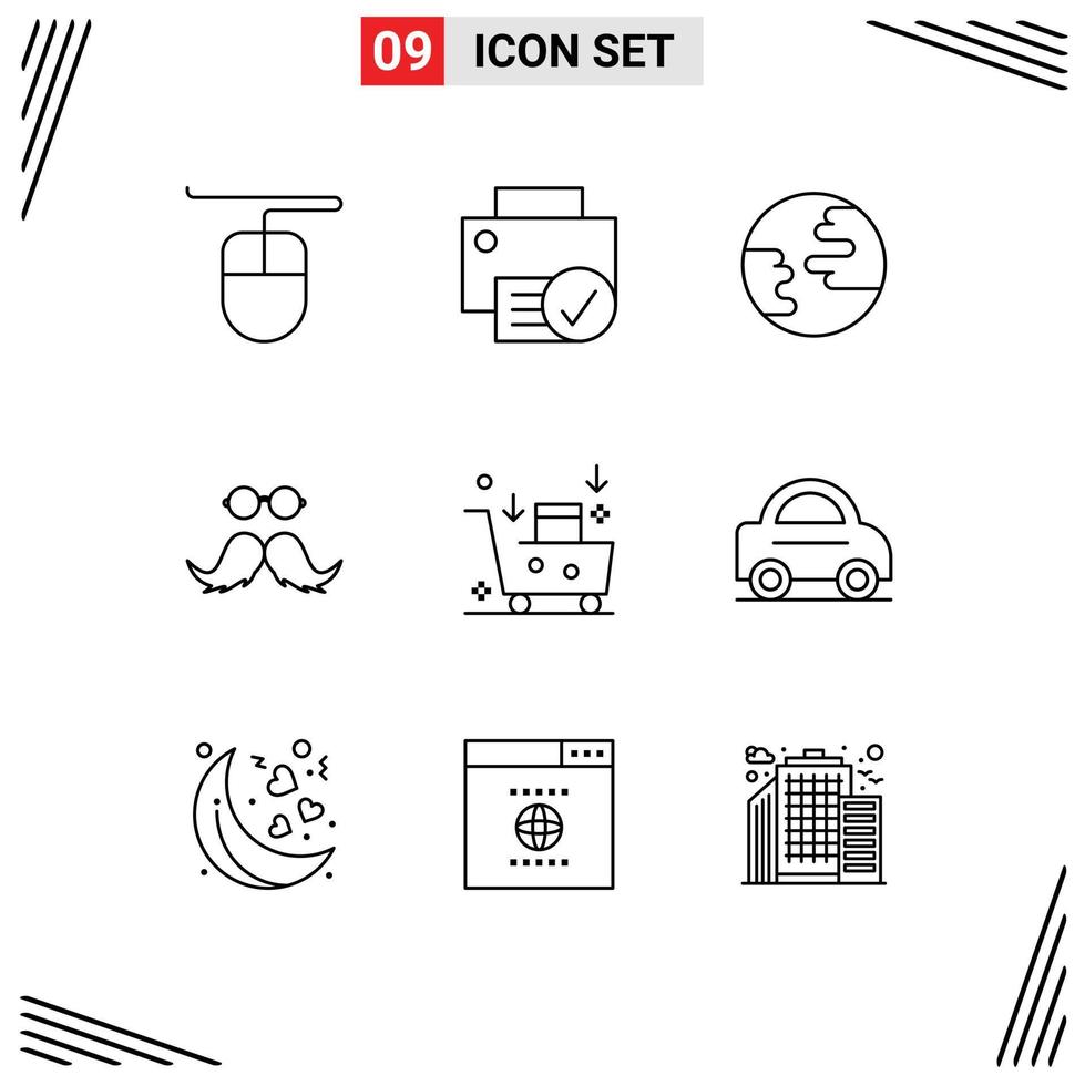 9 User Interface Outline Pack of modern Signs and Symbols of email marketing email advertising globe men movember Editable Vector Design Elements