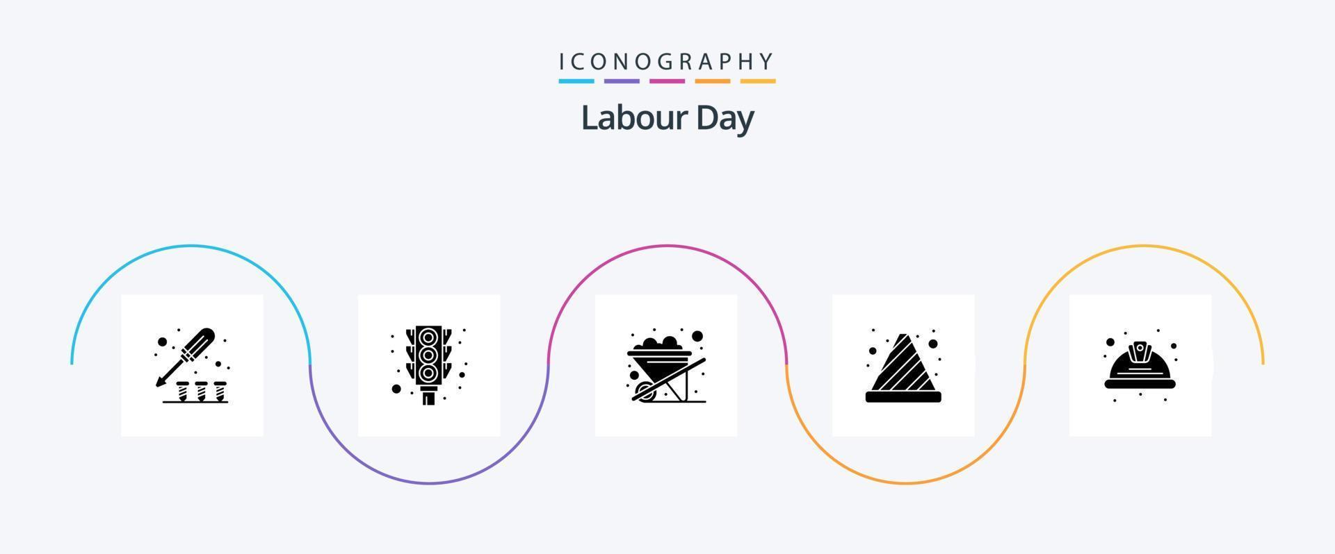 Labour Day Glyph 5 Icon Pack Including labor. day. construction. traffic cone. danger vector