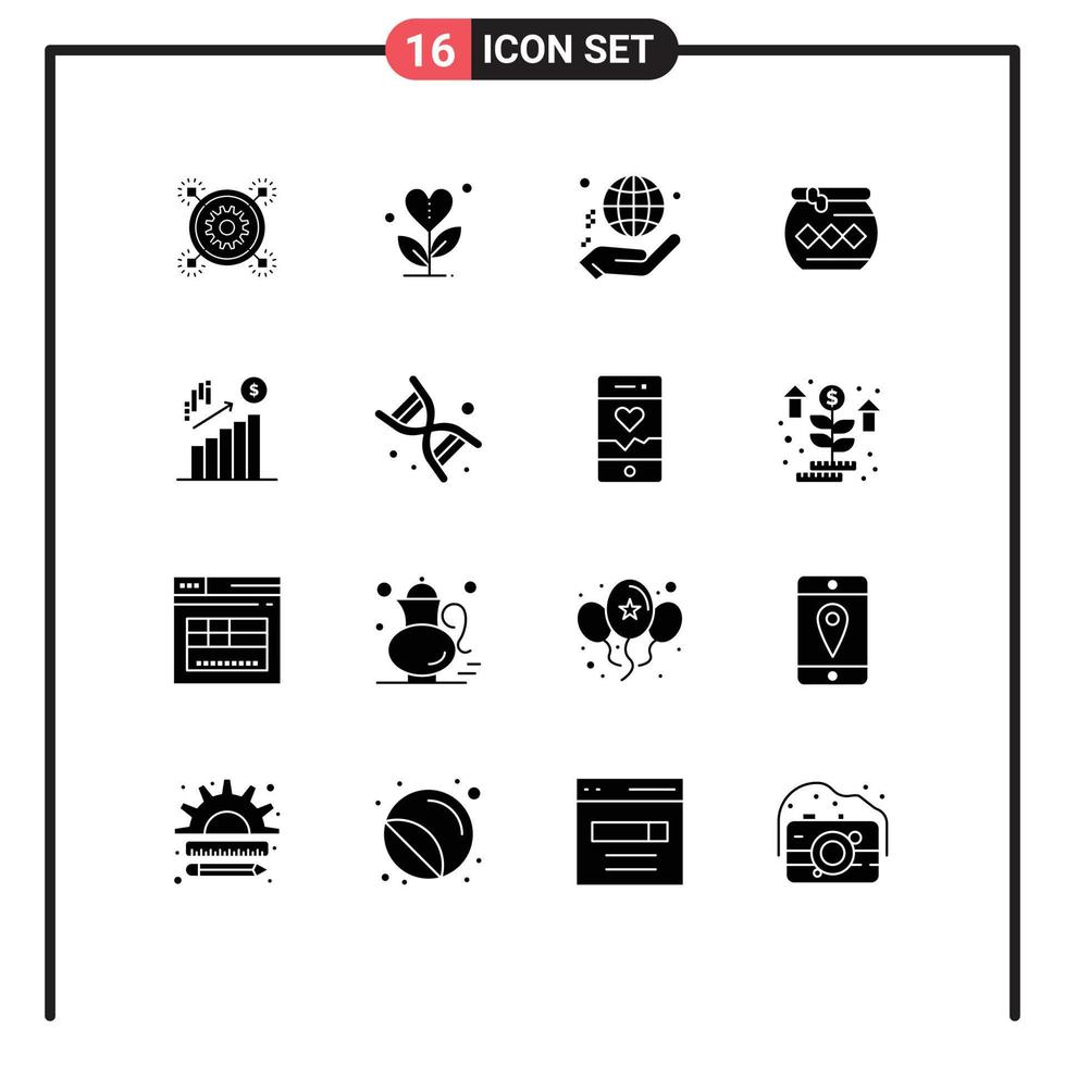 16 User Interface Solid Glyph Pack of modern Signs and Symbols of water pot heart donate globe Editable Vector Design Elements