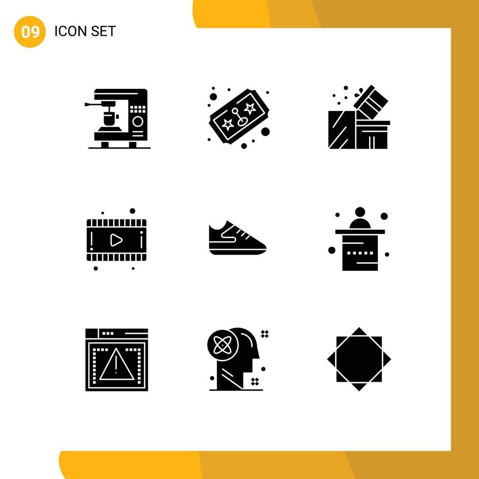 Modern Set of 9 Solid Glyphs and symbols such as shoes video gift movie eid Editable Vector Design Elements