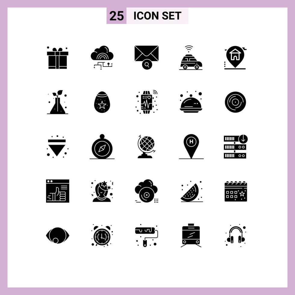 Pack of 25 creative Solid Glyphs of house location data map car Editable Vector Design Elements