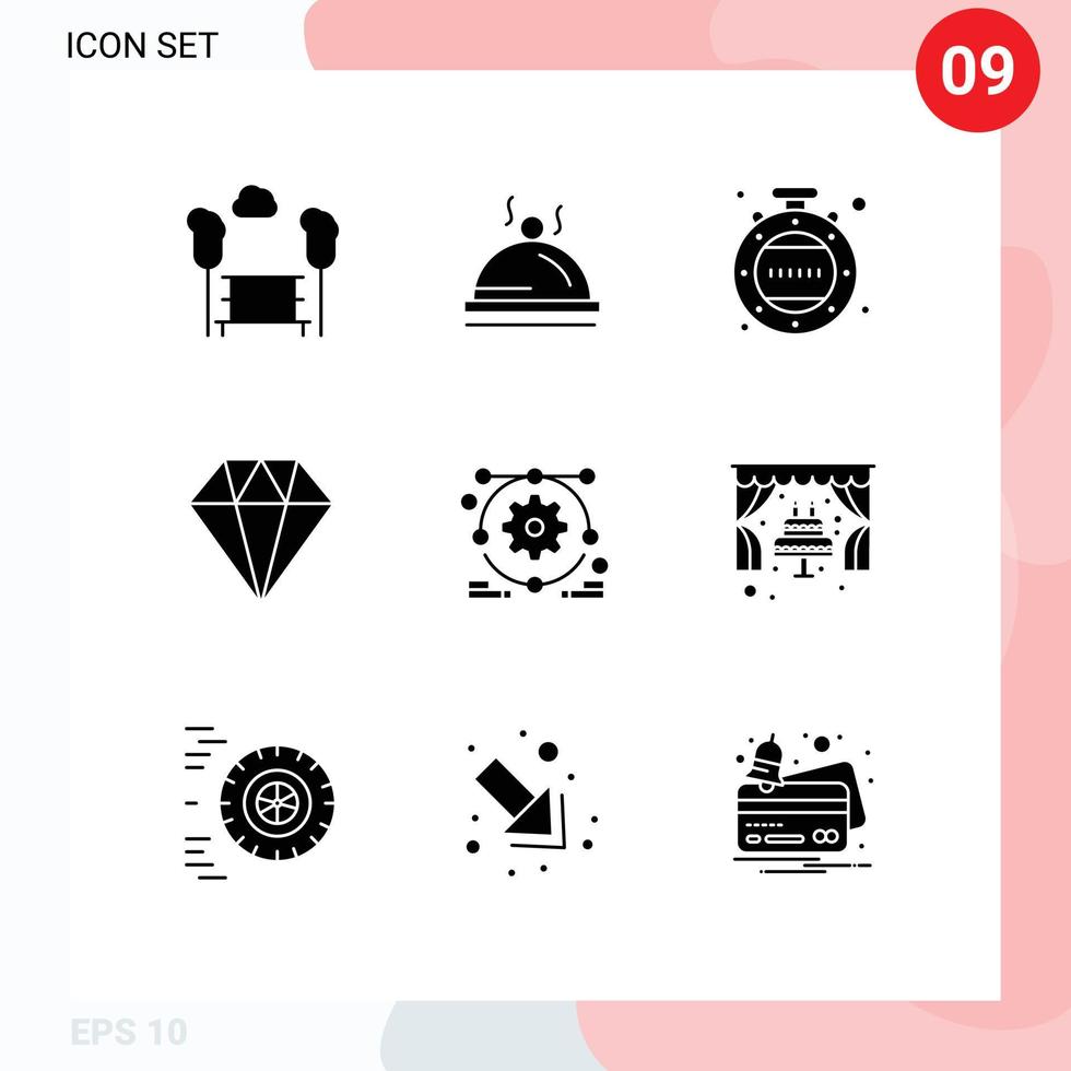 Pack of 9 creative Solid Glyphs of cake web design clock development diamond Editable Vector Design Elements