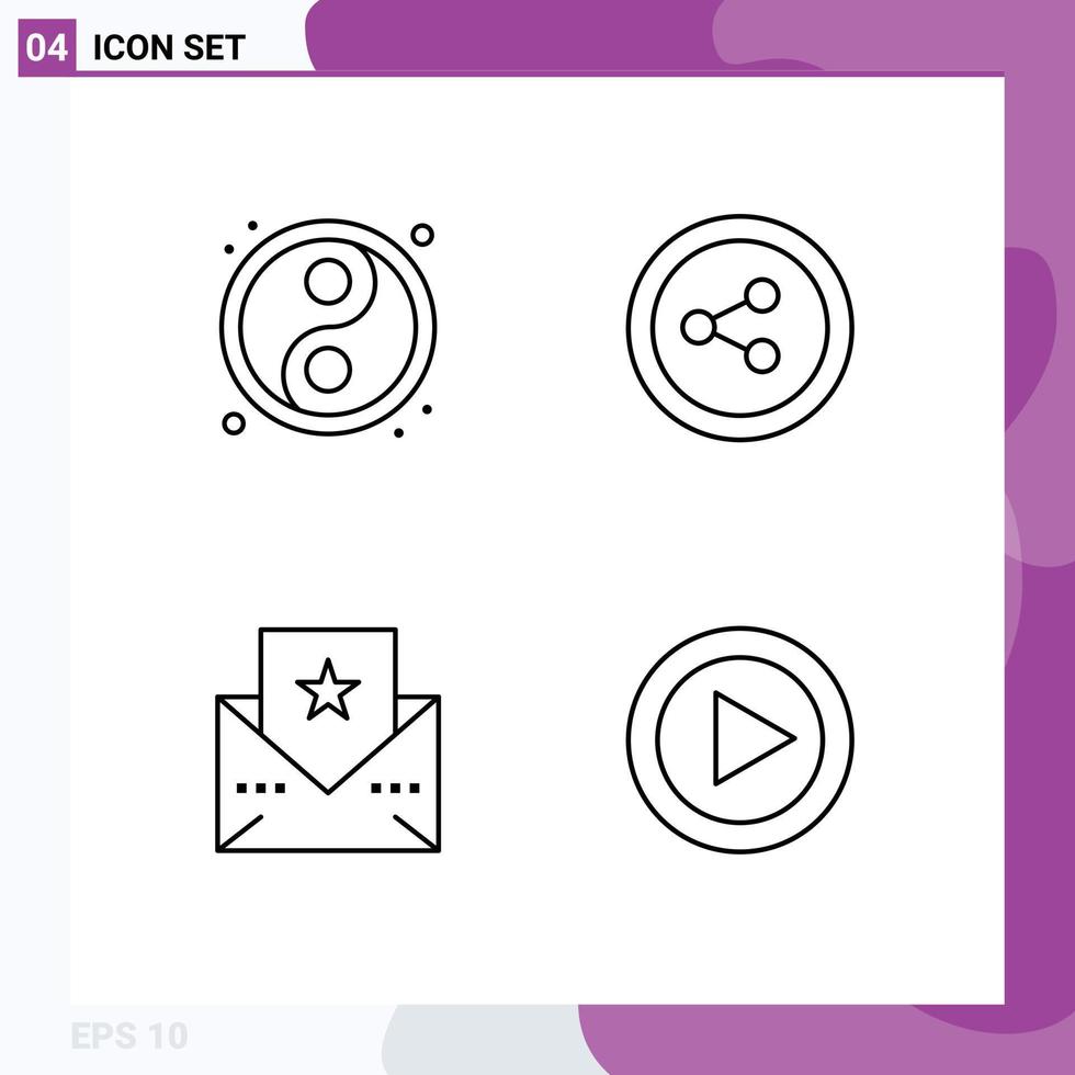 Set of 4 Modern UI Icons Symbols Signs for yin yang multimedia share card play Editable Vector Design Elements