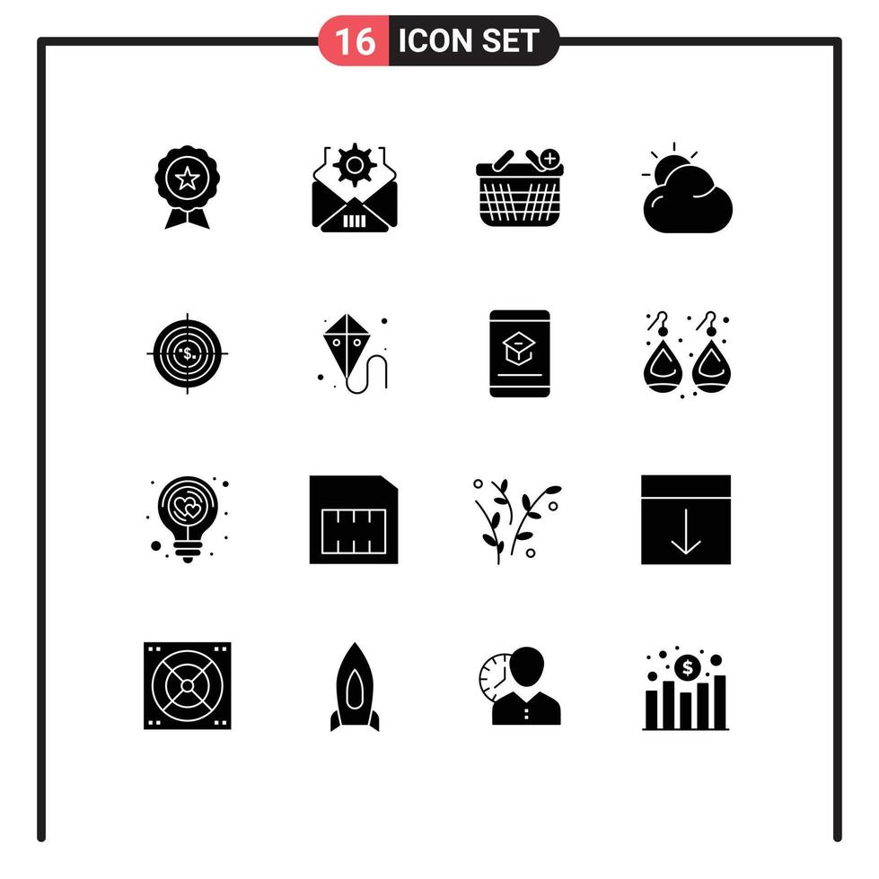 Set of 16 Commercial Solid Glyphs pack for aim sun basket shinning cloud Editable Vector Design Elements