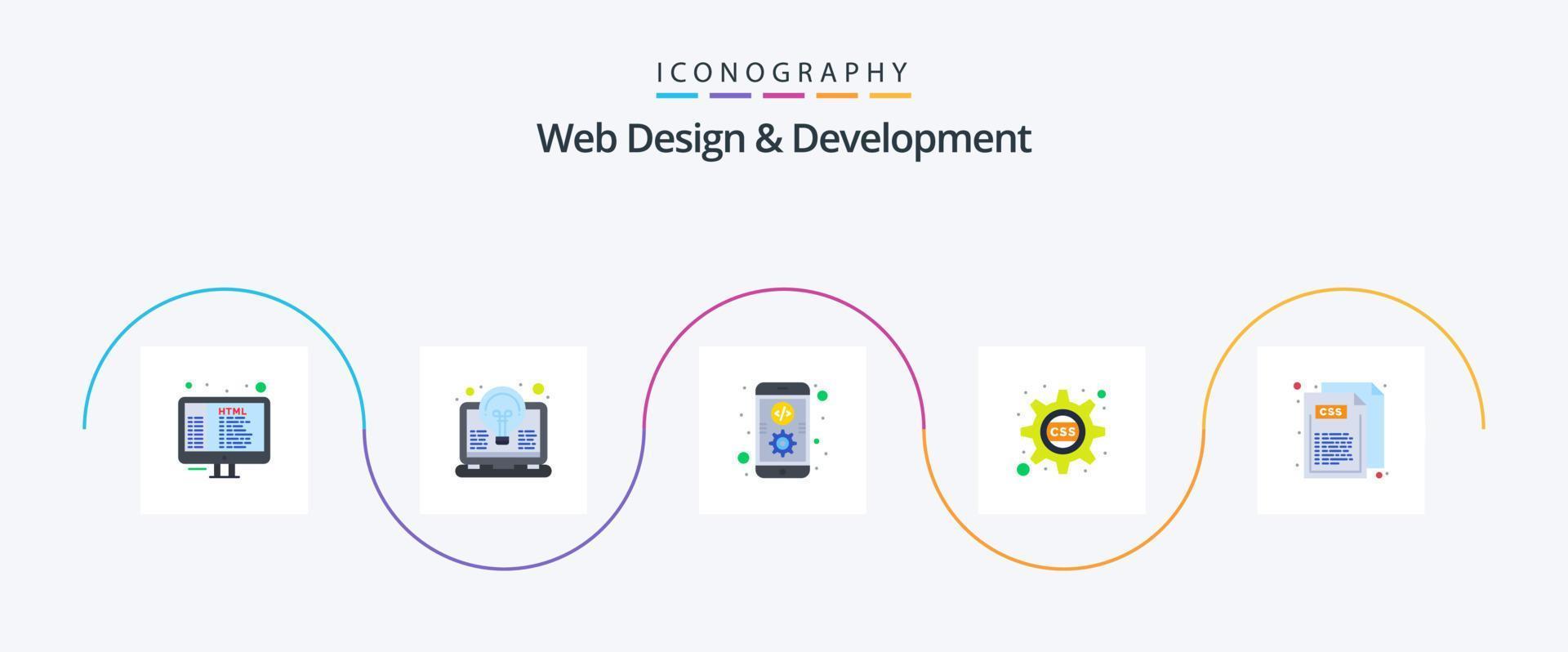 paquete de iconos flat 5 de diseño y desarrollo web que incluye código. css. ligero. diente. móvil vector