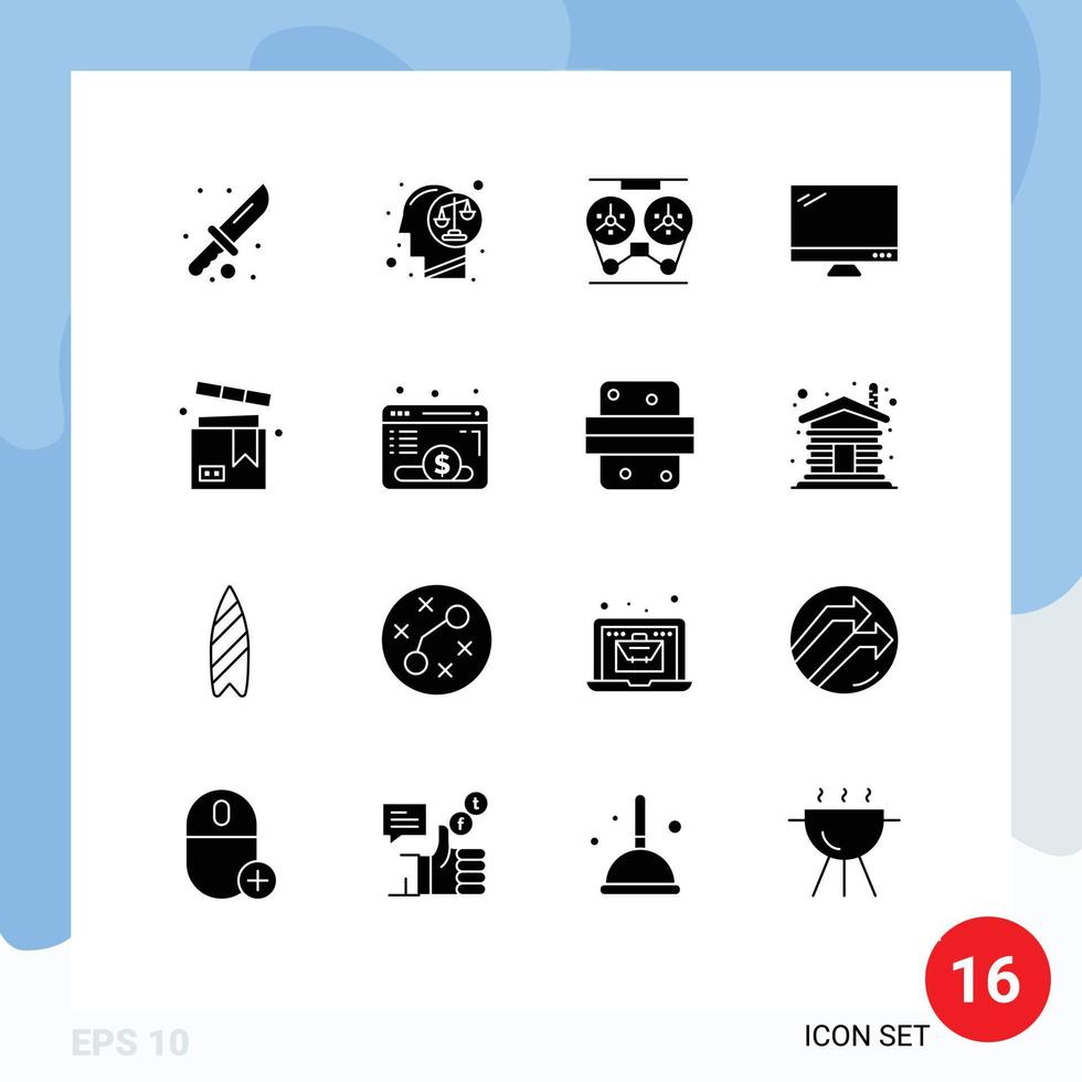 Mobile Interface Solid Glyph Set of 16 Pictograms of imac monitor mind computer recorder Editable Vector Design Elements